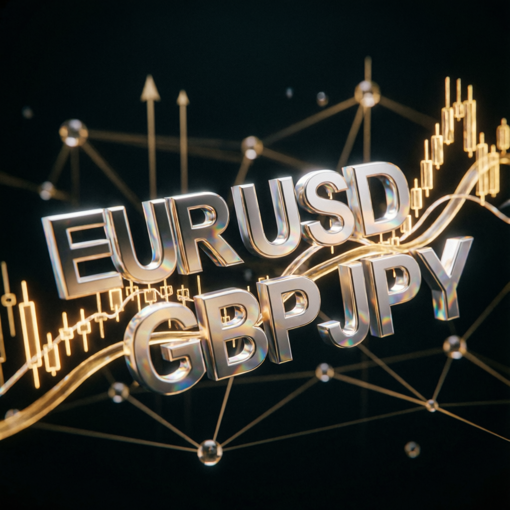 Futuristic forex trading visualization with currency pairs and golden charts