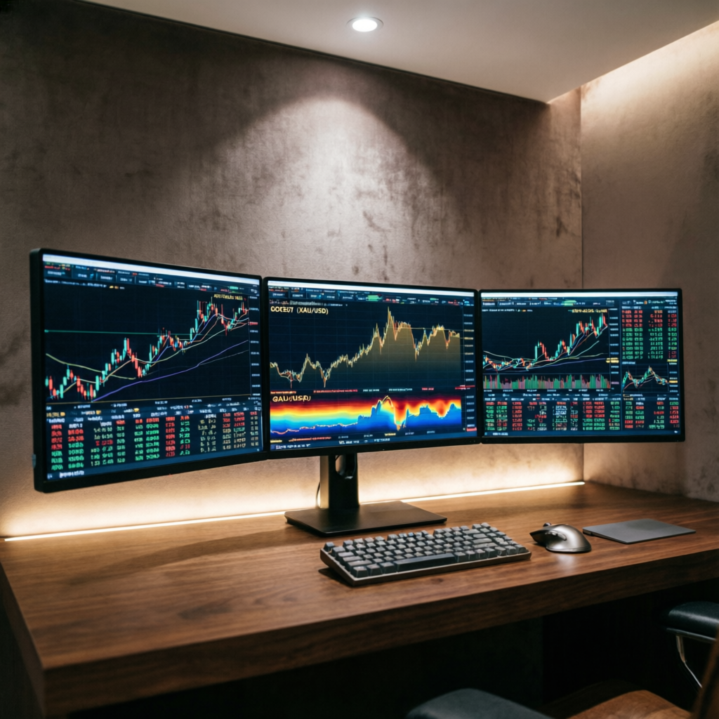 Professional trader workspace with multiple monitors showing Apex evaluation rules