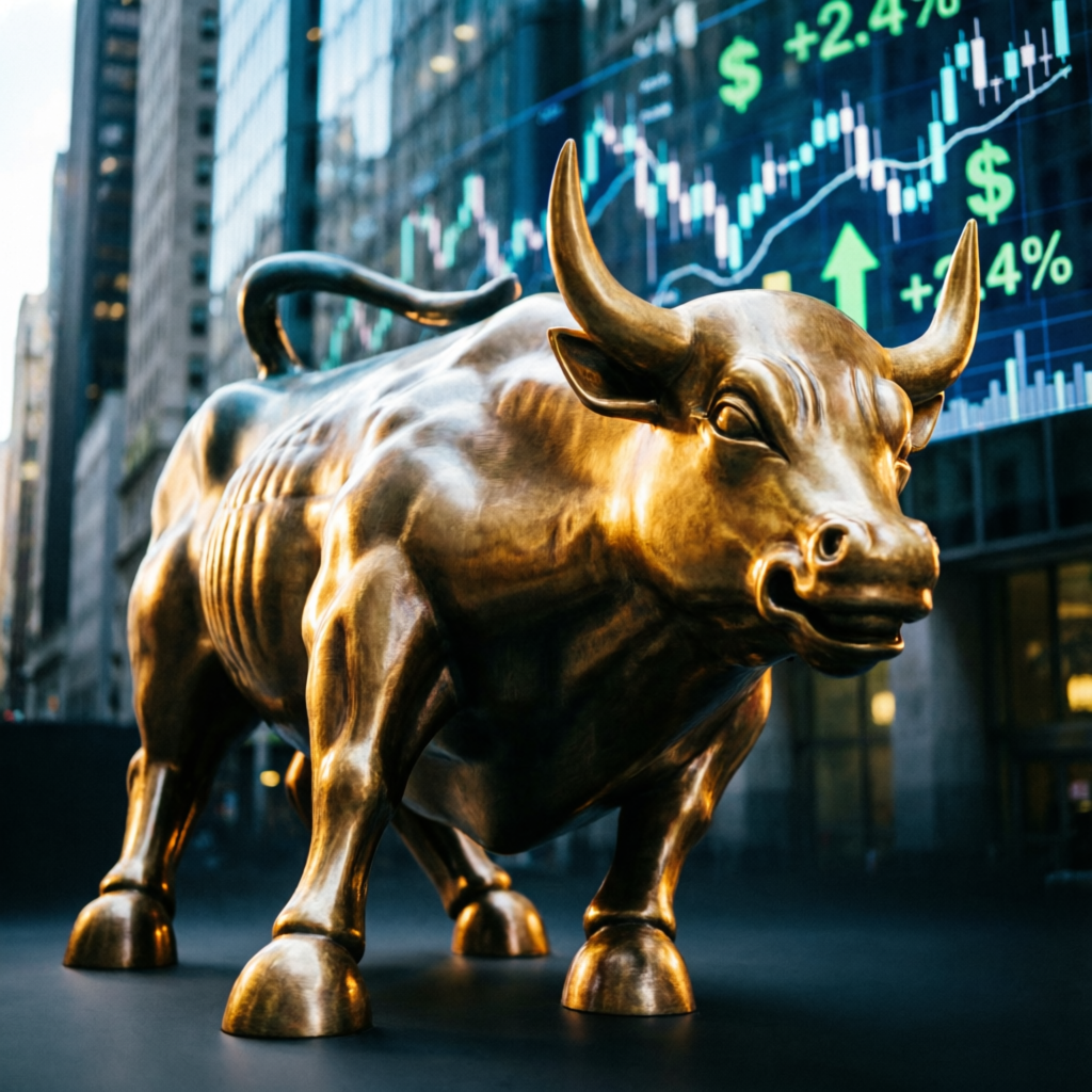 Wall Street bull statue representing prop firm trading success