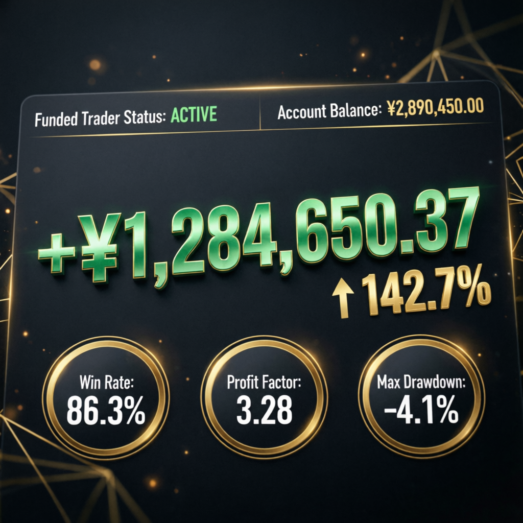 Funded trader success dashboard showing profit metrics and win rate