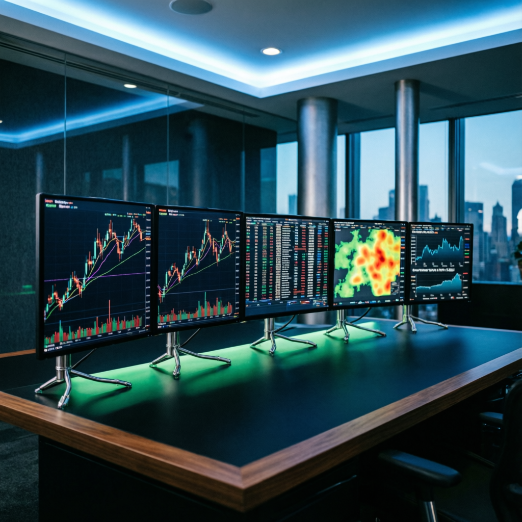 Professional forex trading desk with multiple monitors showing currency pair charts — ideal setup for prop firm trading