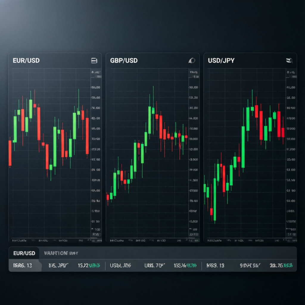 EUR/USD GBP/USD USD/JPY candlestick charts showing price action analysis for prop firm trading