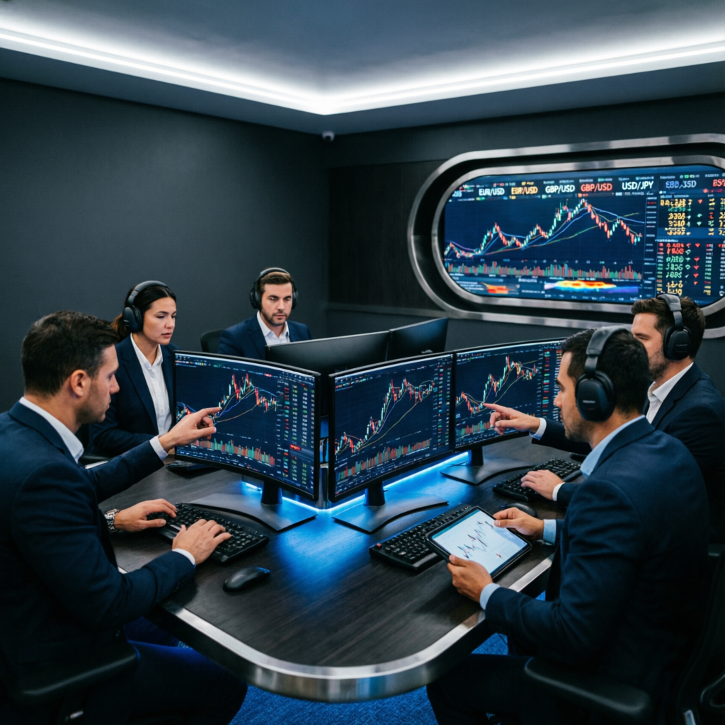 Professional team of forex traders in modern trading room with multiple screens showing live currency pair analysis