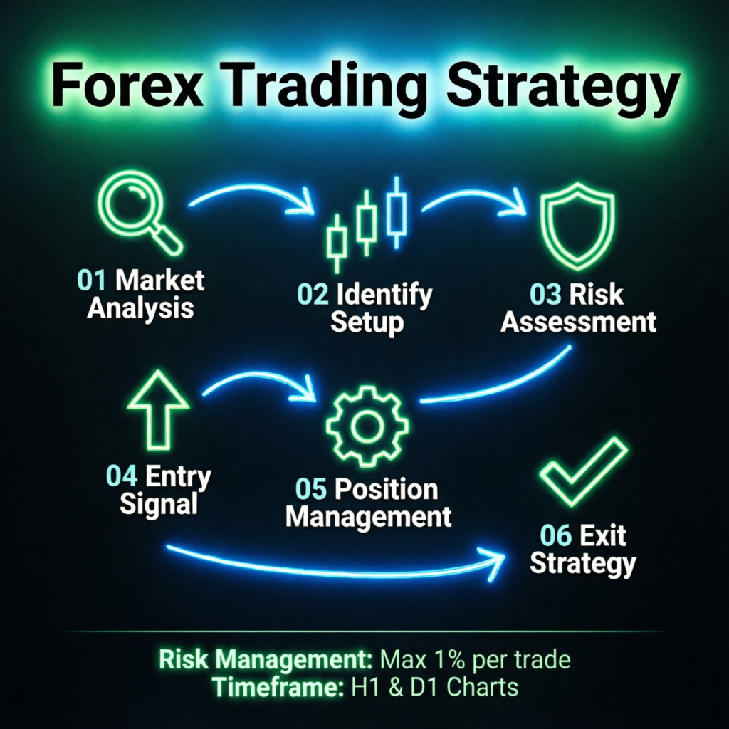 Forex trading strategy infographic showing market analysis, setup identification, risk assessment, entry signal, position management, and exit strategy