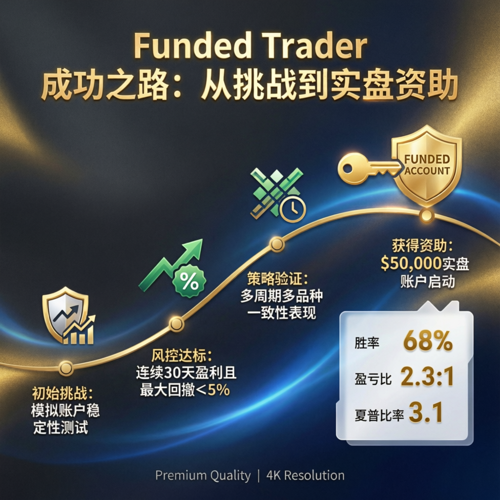 Funded trader success journey infographic from challenge to funded account with performance metrics