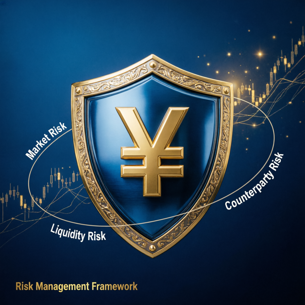 Risk management framework shield protecting currency symbol with market risk, counterparty risk, and liquidity risk labels
