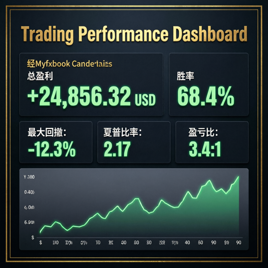Trading performance dashboard showing verified MyFxBook results with total profit, win rate, drawdown, Sharpe ratio, and profit factor