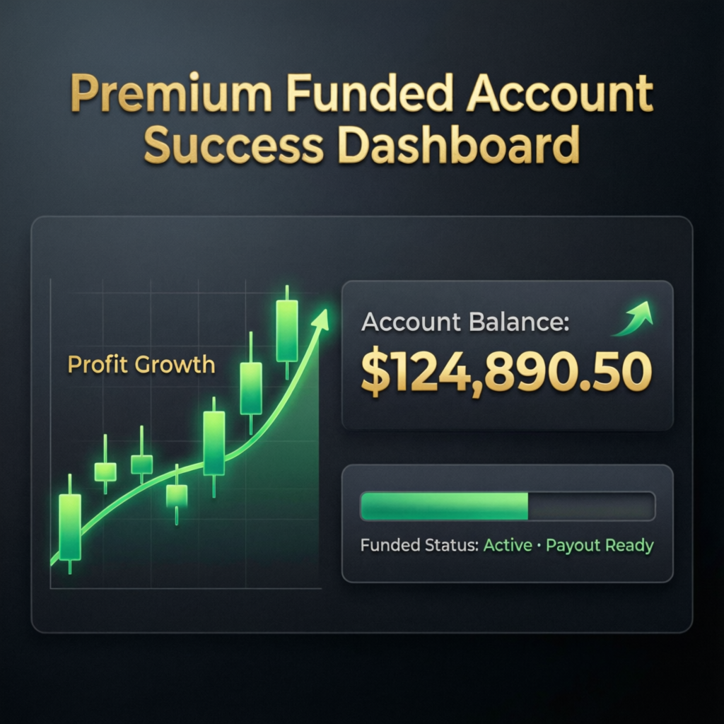 Premium funded account success dashboard showing profit growth and active payout status