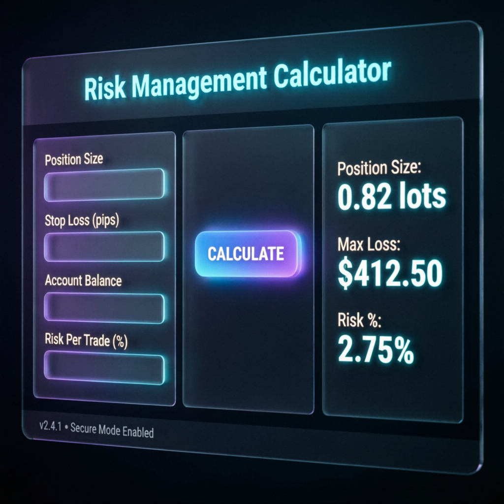 Risk management calculator showing position size, stop loss, max loss and risk percentage