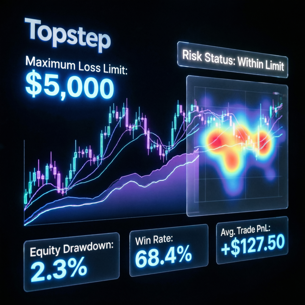 Topstep Maximum Loss Limit Dashboard showing risk status within limit, equity drawdown, win rate and average trade PnL