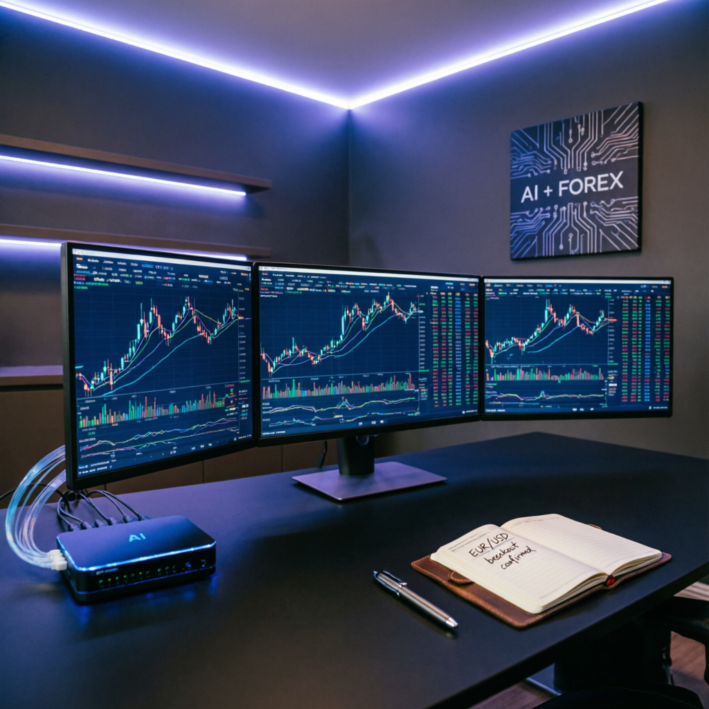 Professional AI-powered forex trading workspace with multiple monitors showing Topstep futures charts