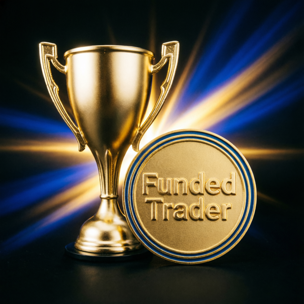 Funded Trader trophy and achievement badge representing success