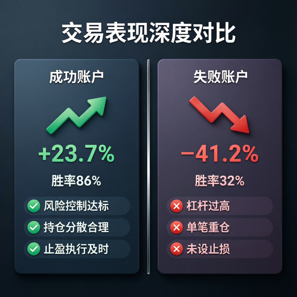 Comparison of successful vs failed trading accounts showing performance metrics