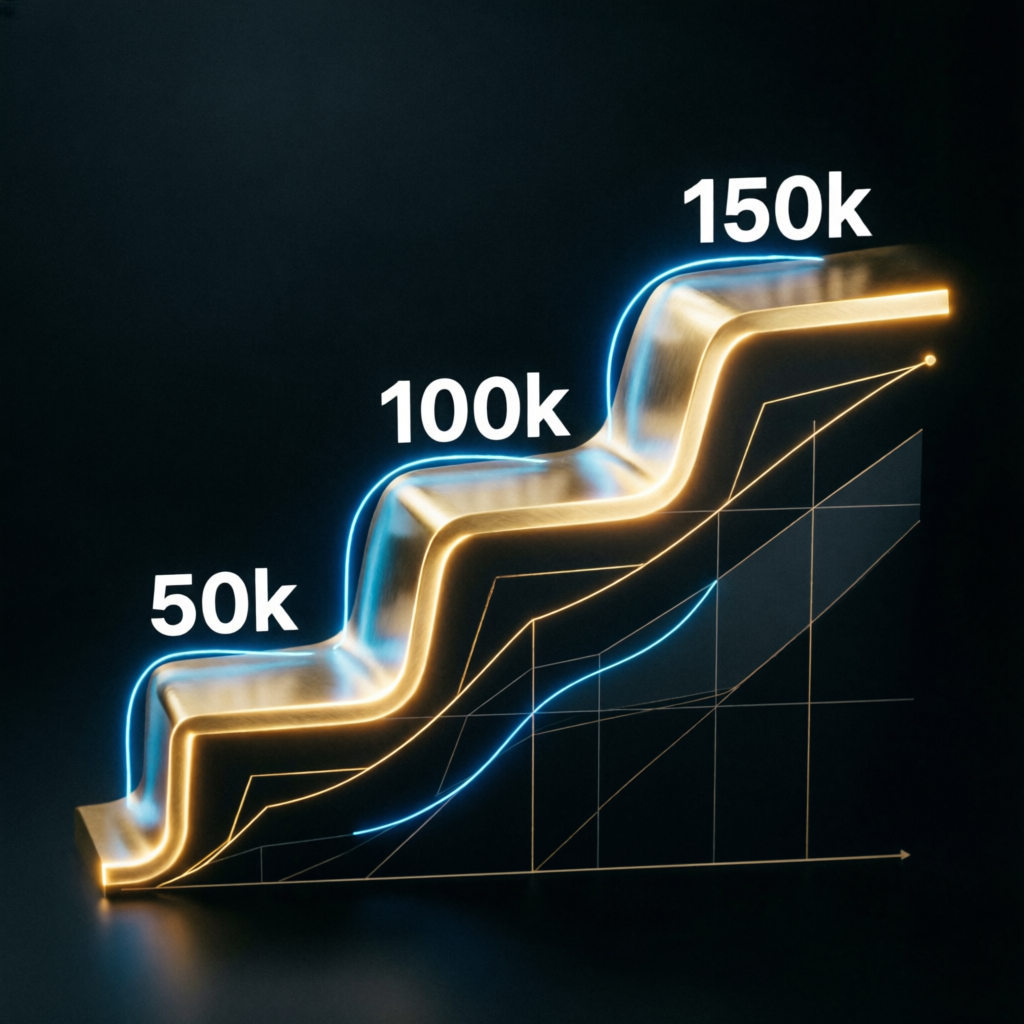Account scaling progression from 50k to 100k to 150k showing growth steps