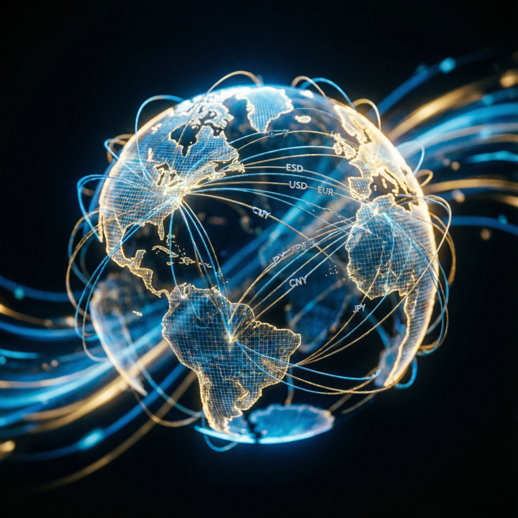 Global forex trading network with currency connections representing international payouts