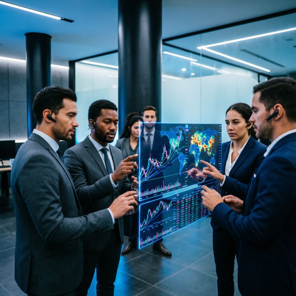 Professional trading team collaborating around holographic trading screens