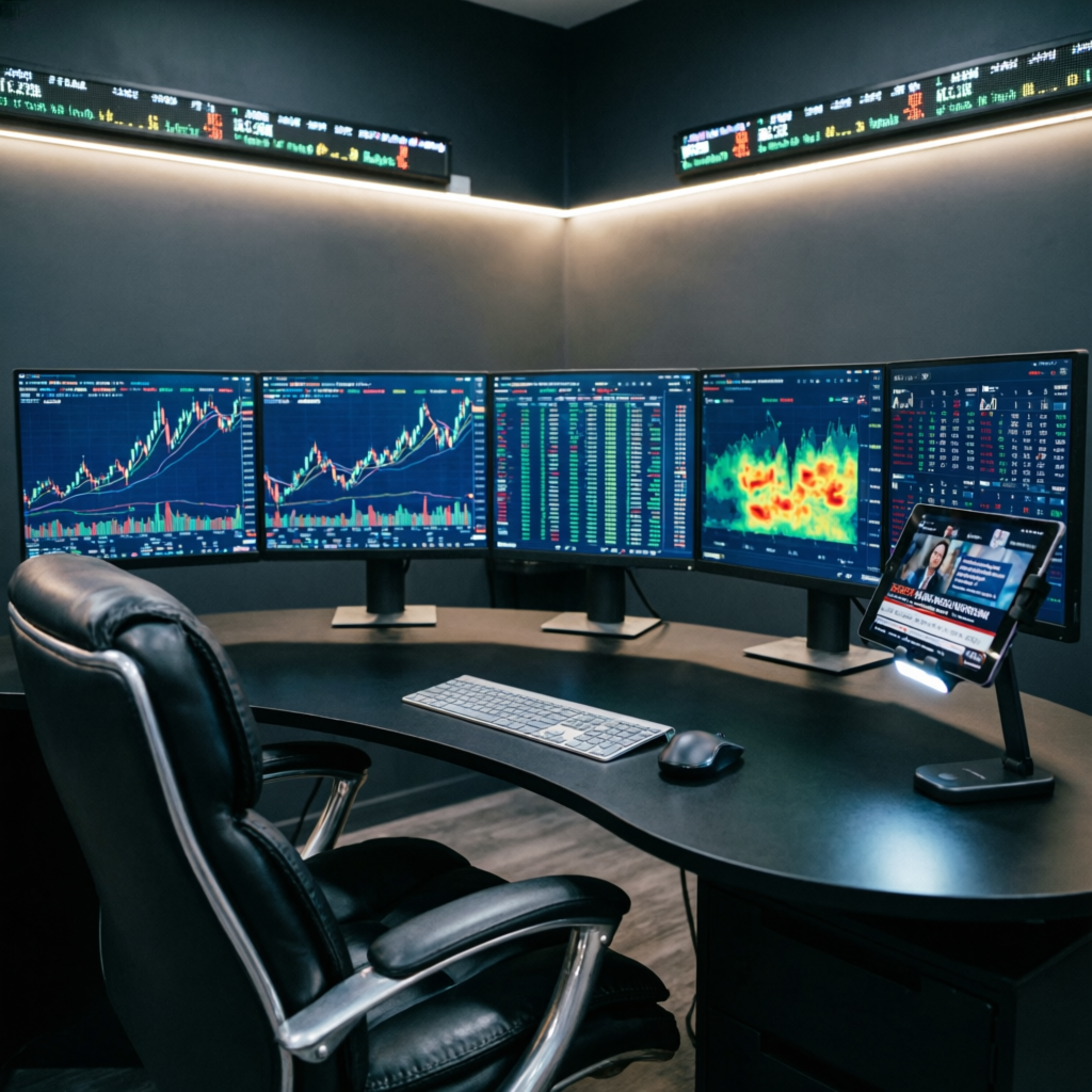 Professional forex trading desk with multiple monitors showing FundedNext risk management charts