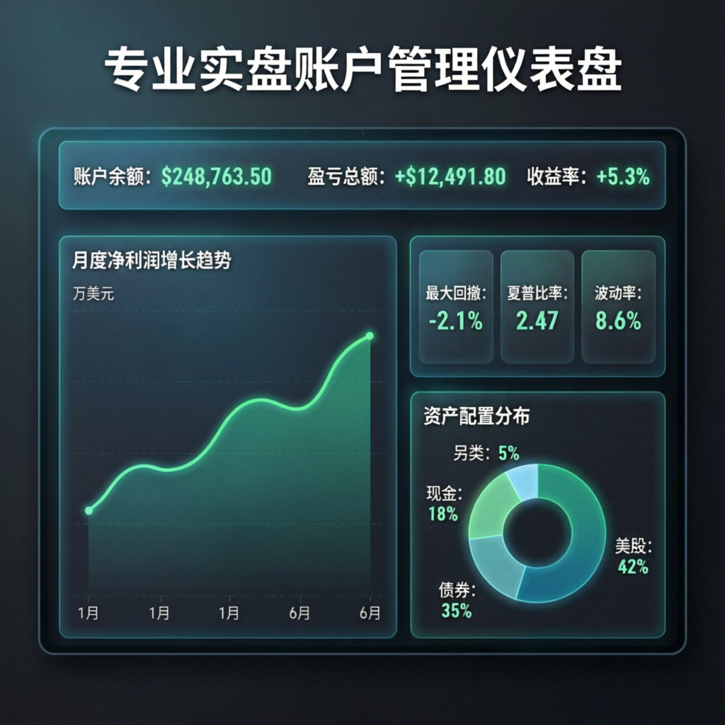 Professional funded account management dashboard showing profit growth and risk metrics
