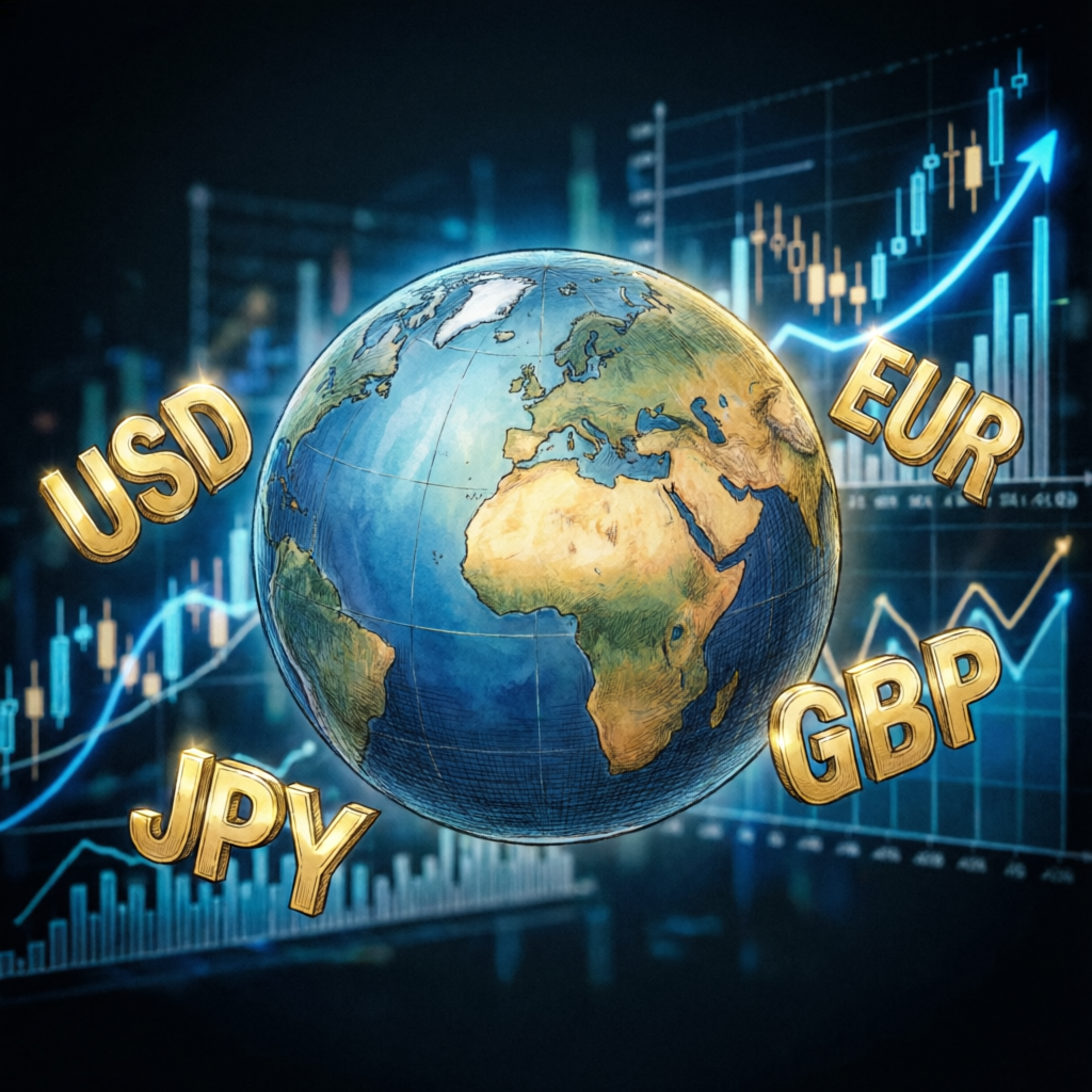 Global forex trading market with currency symbols - PFM Capitals worldwide services