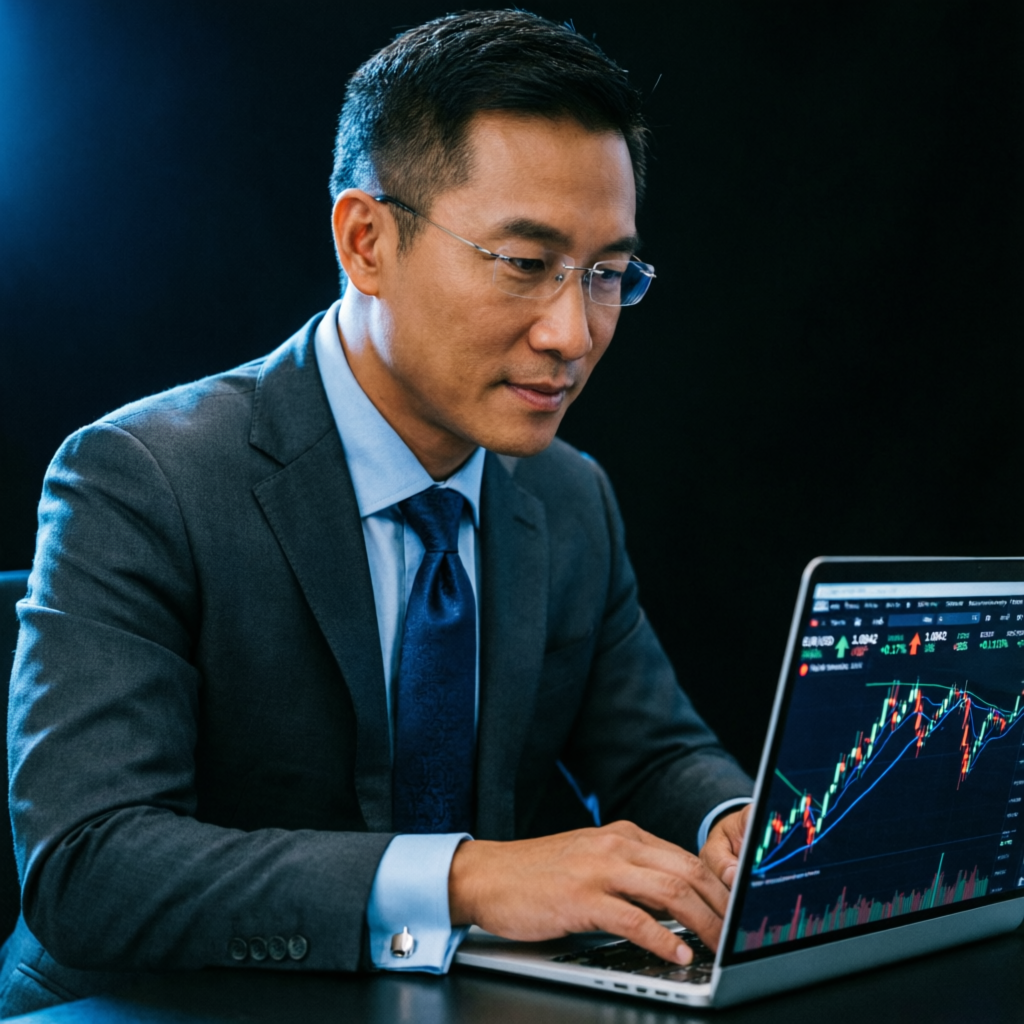 Professional forex trader analyzing markets on laptop - PFM Capitals prop firm services