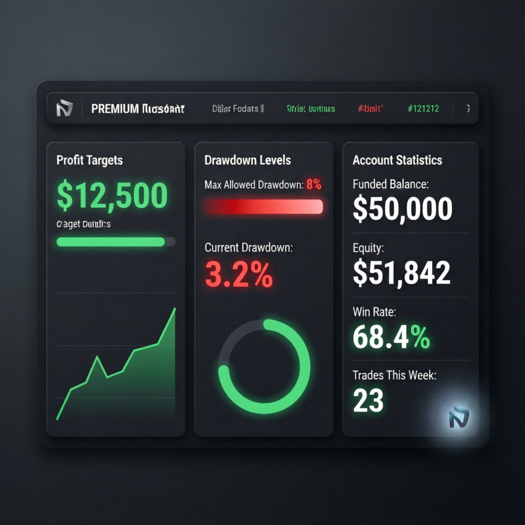 Funded trading account dashboard showing profit targets and statistics - PFM Capitals