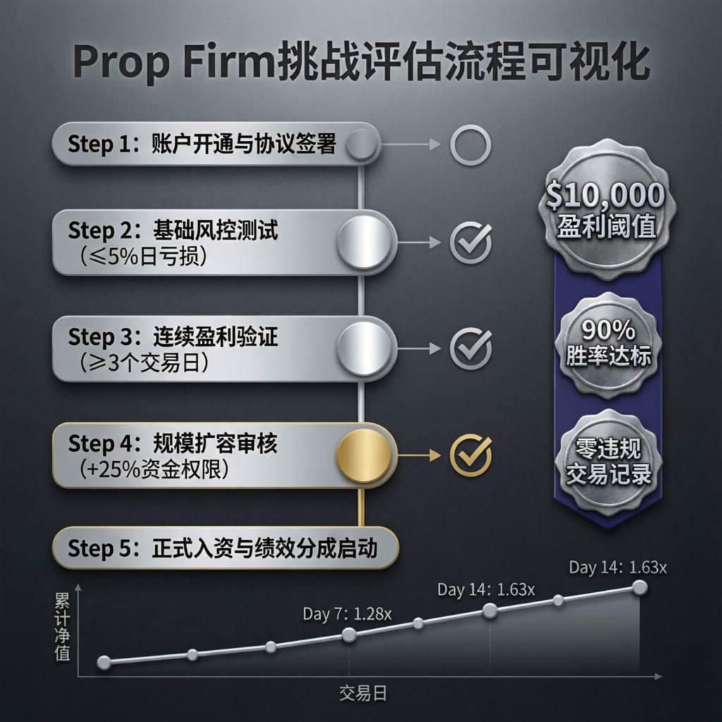 Prop Firm Challenge Evaluation Process showing step-by-step progress