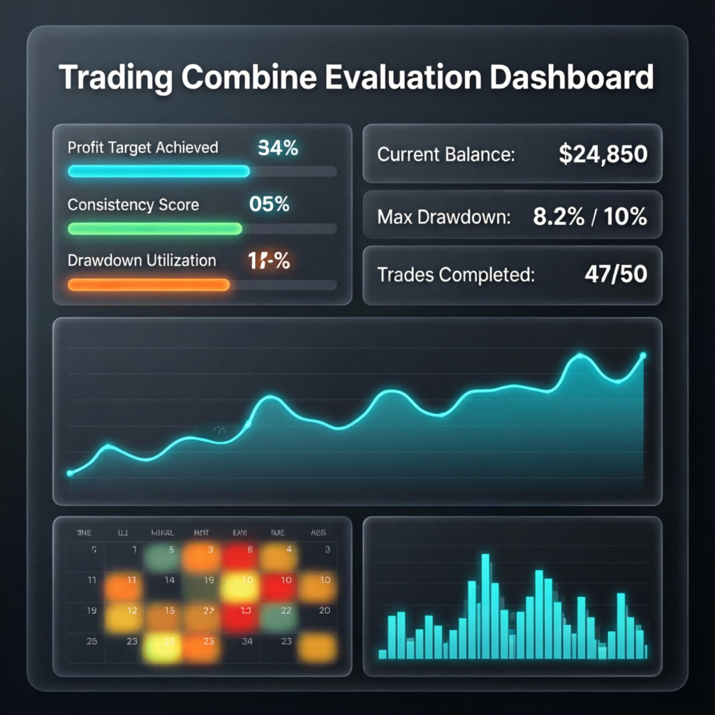 Topstep Trading Combine Evaluation Dashboard showing profit targets and drawdown limits
