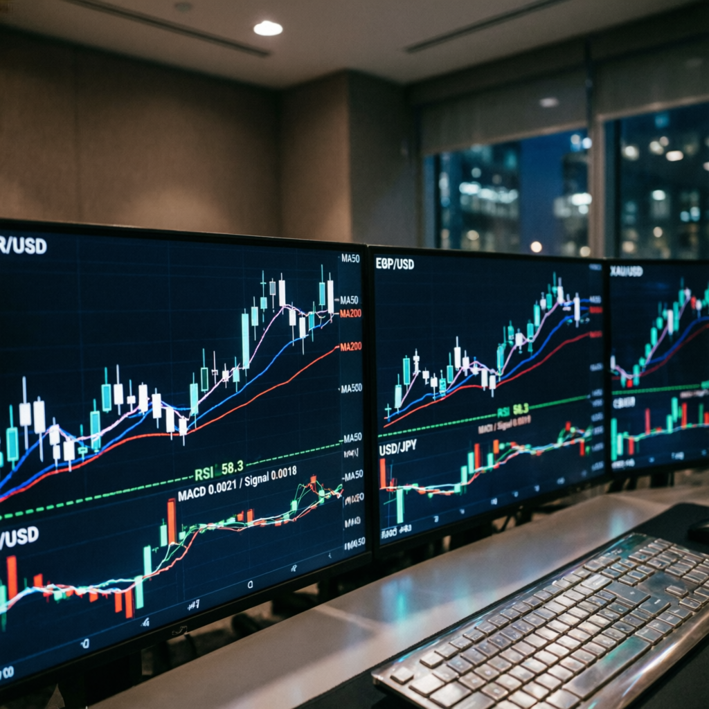 Professional forex trading analysis with multiple currency pairs and technical indicators