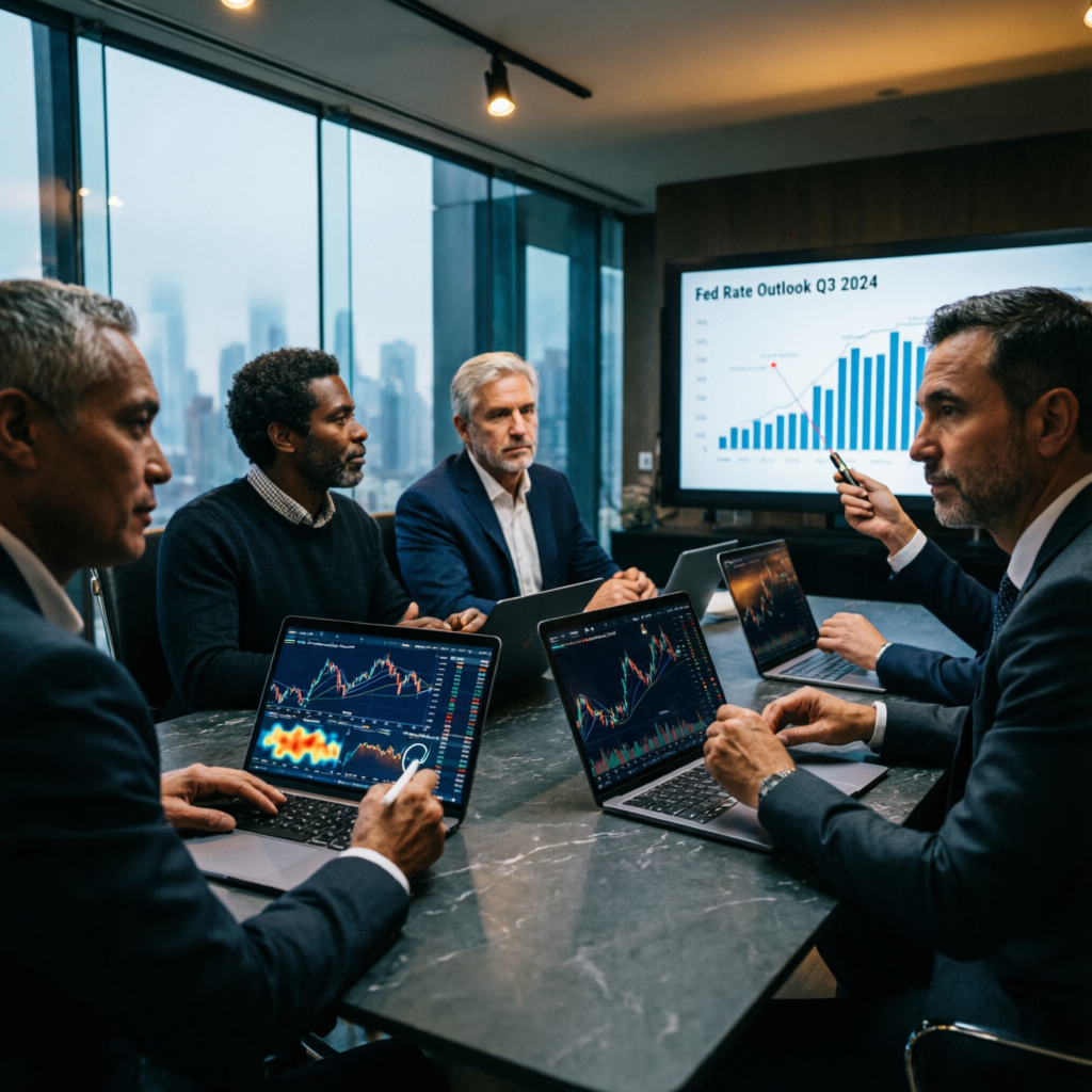 Professional trading team analyzing market data in modern office