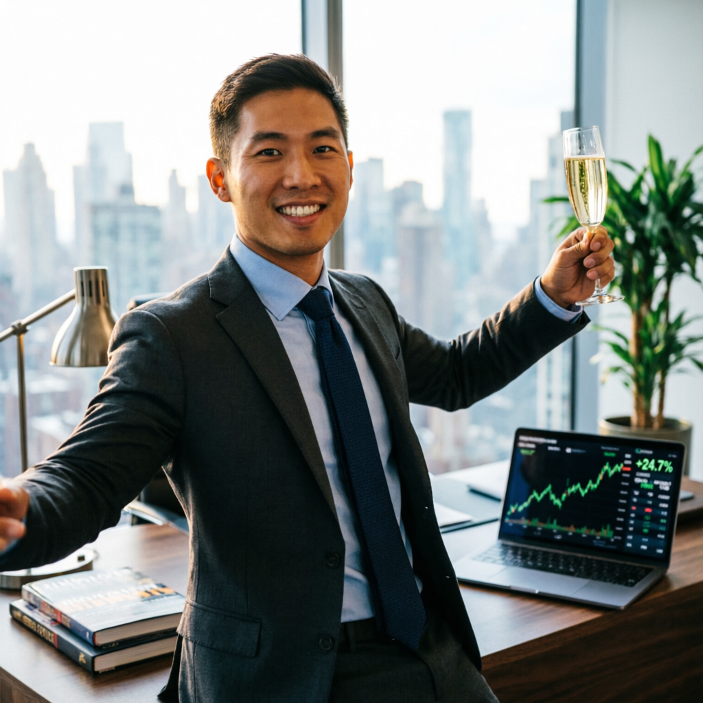 Successful funded trader celebrating achievement with profit charts
