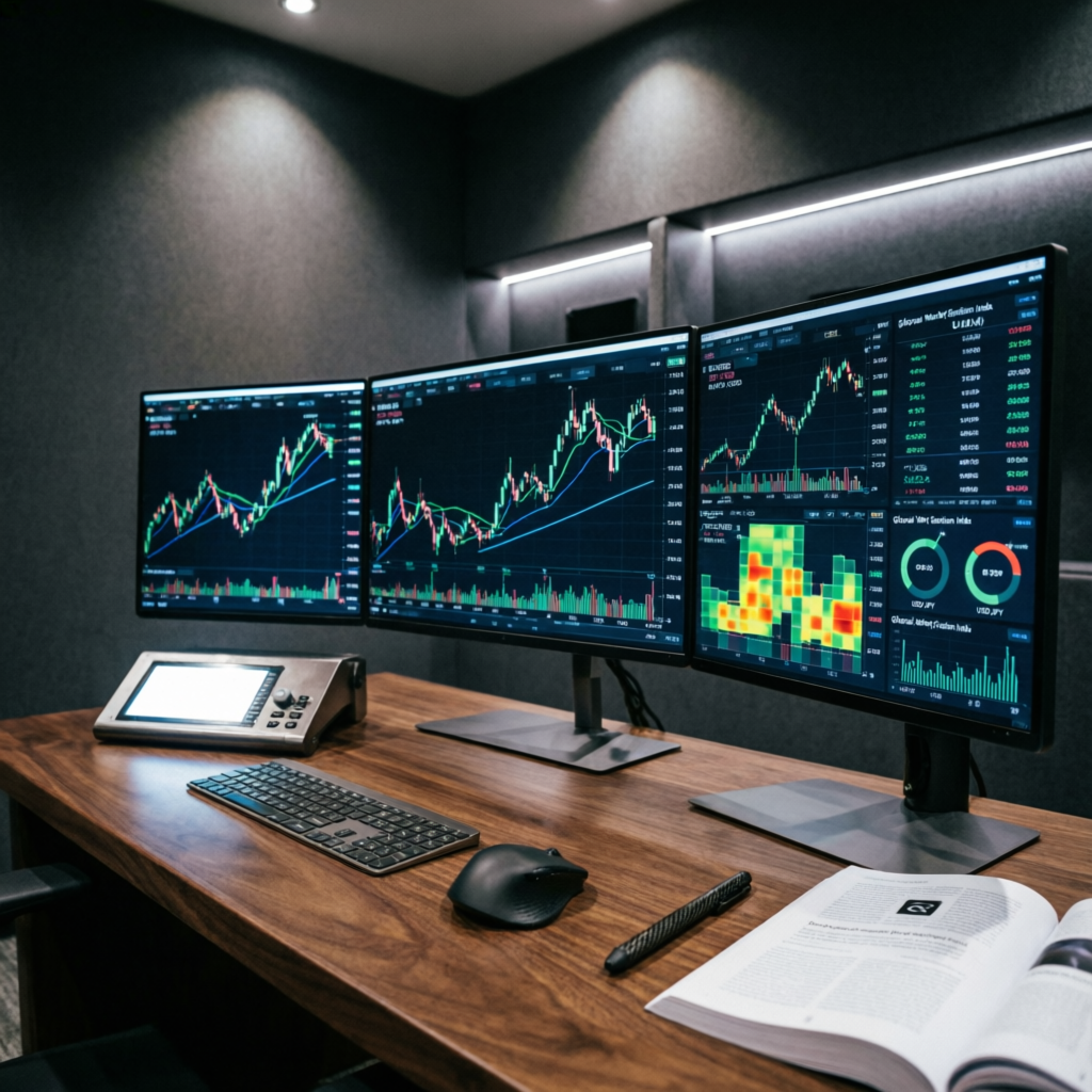 Professional multi-monitor trading setup with live charts and order management