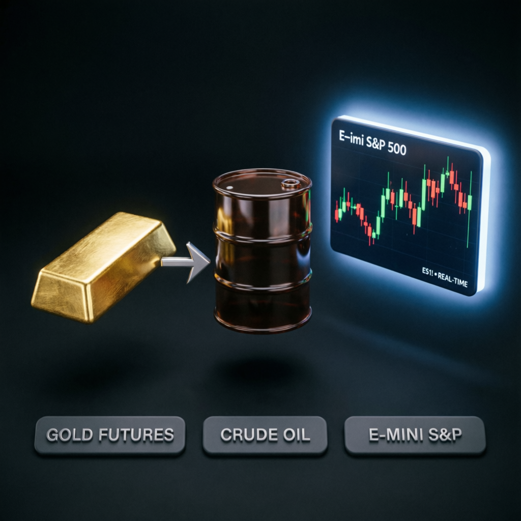 Futures trading instruments including gold, crude oil, and E-mini S&P 500