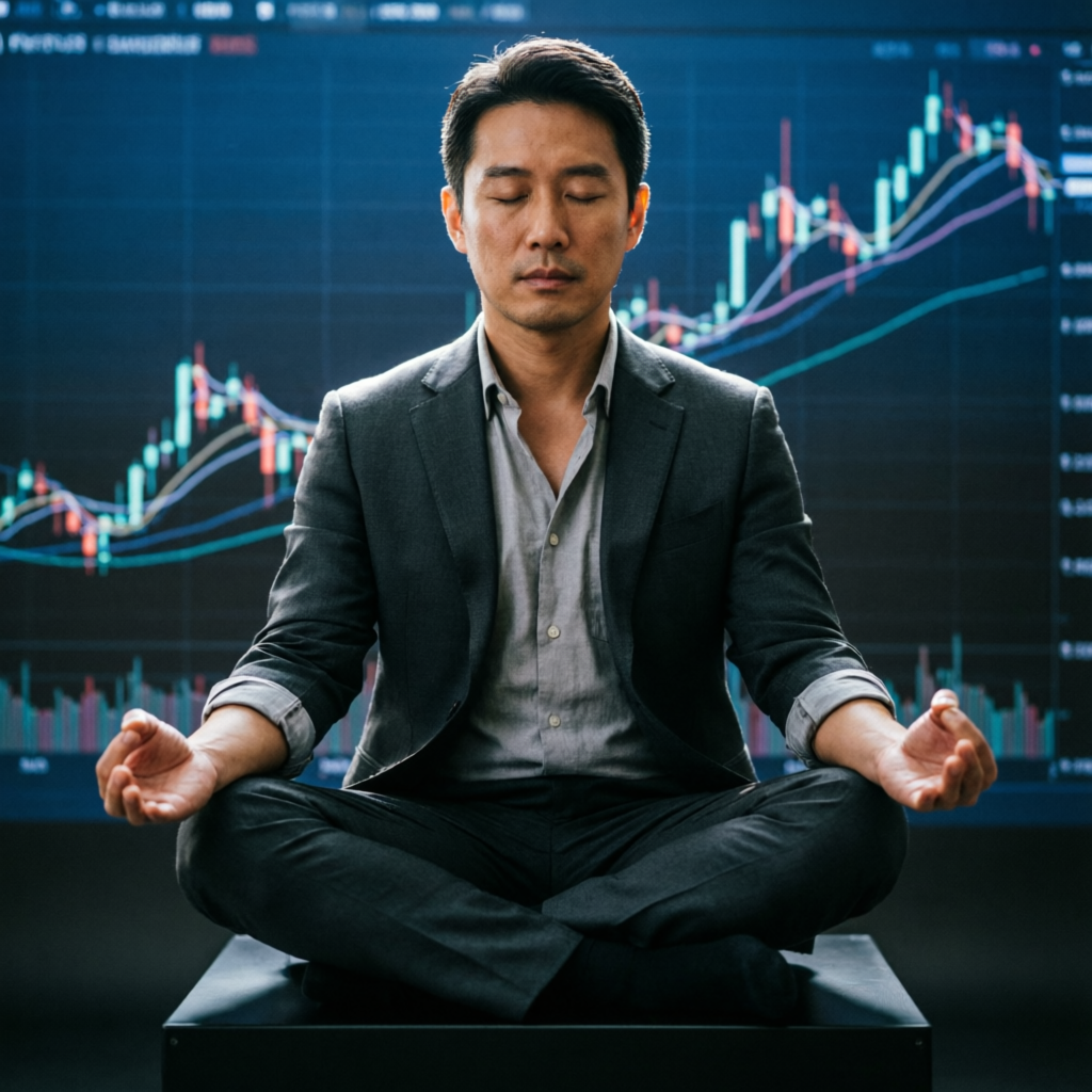 Trading psychology concept showing focused trader with financial charts background