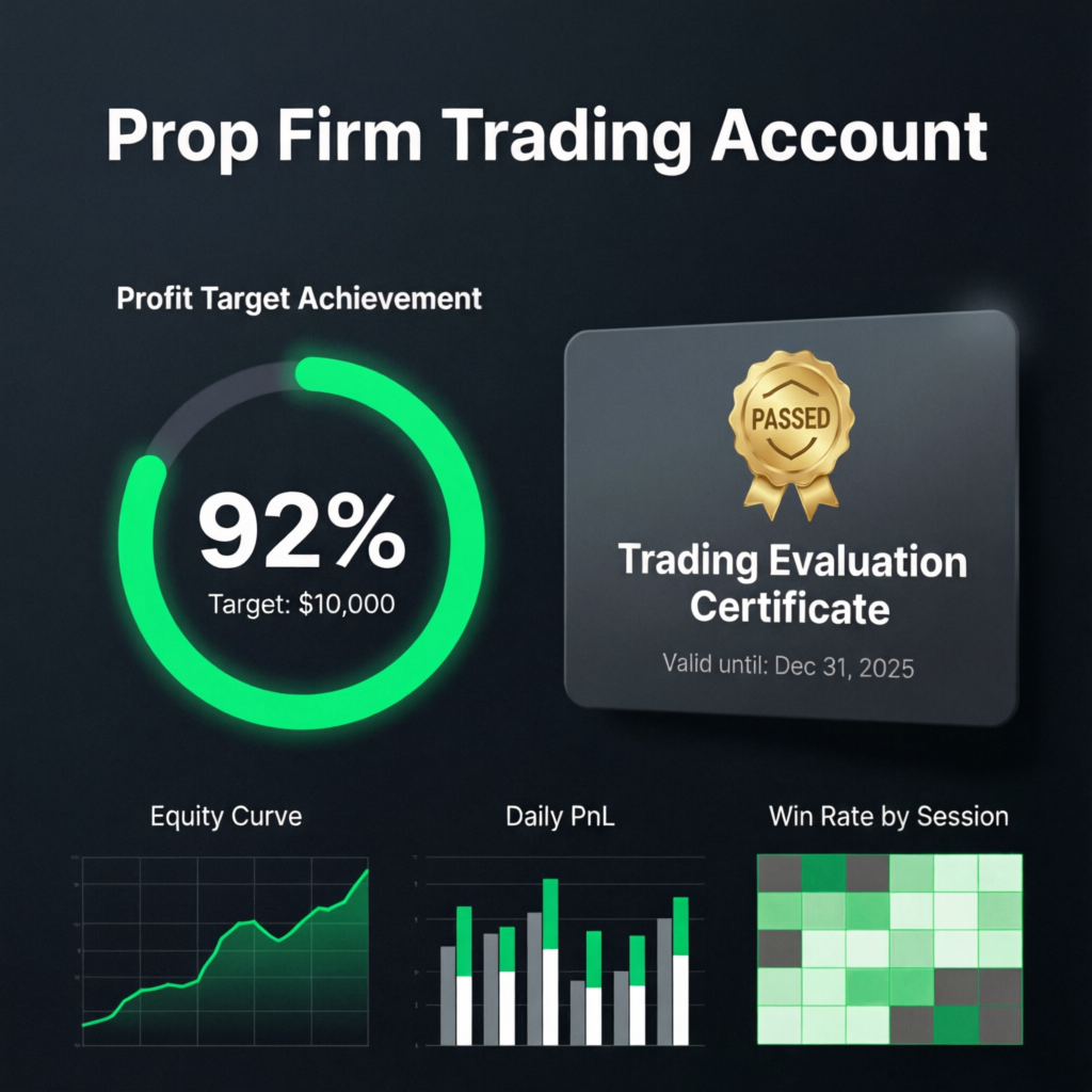 Prop Firm Trading Account Dashboard Showing Profit Target Achievement