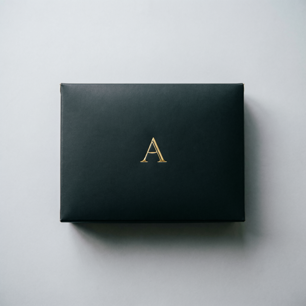Matte black mailer box with gold foil monogram