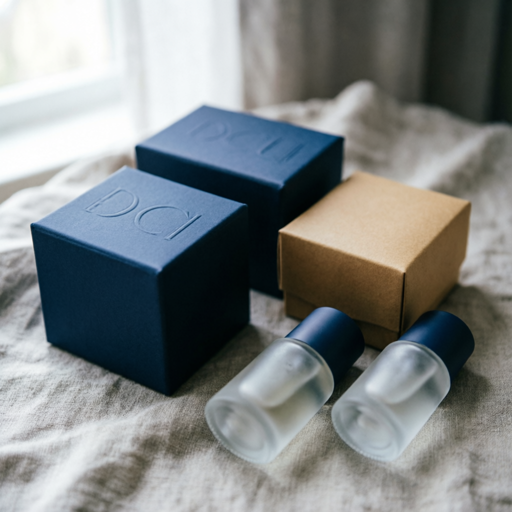 Navy and kraft private label packaging with frosted serum bottles