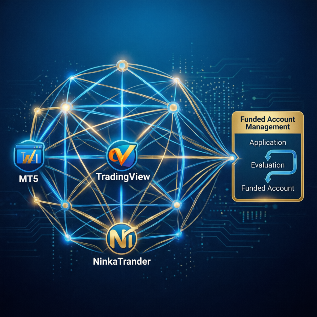Prop trading firm ecosystem with MT5, TradingView, and NinjaTrader platforms