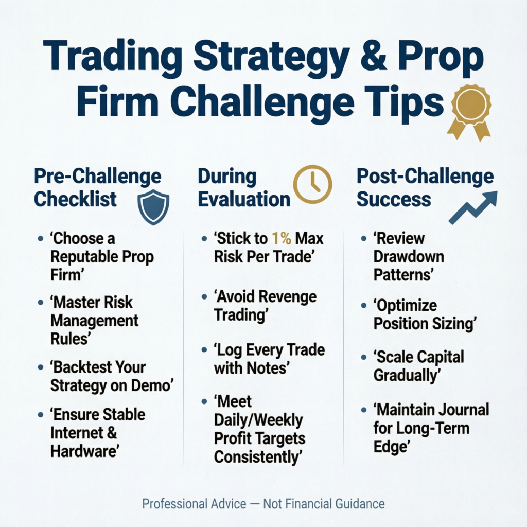 Trading strategy and prop firm challenge tips infographic