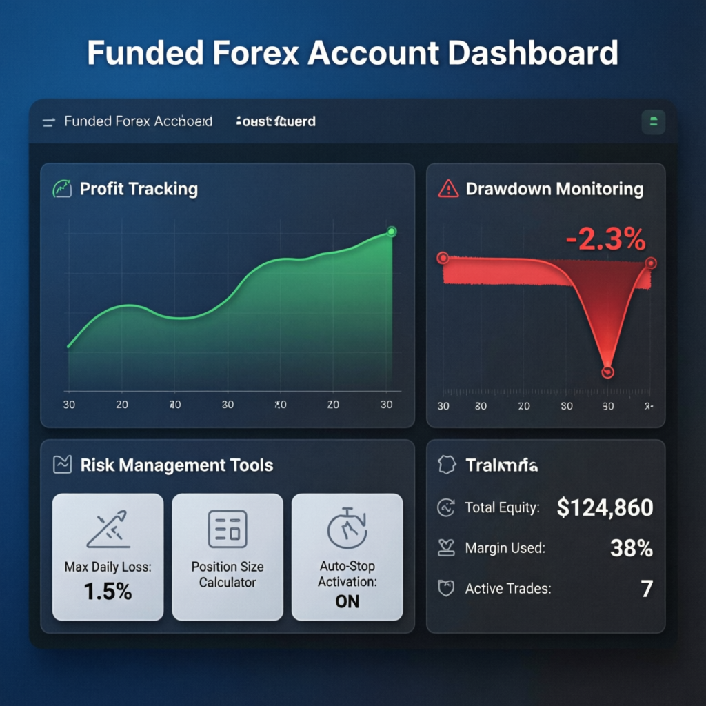 Funded forex account management dashboard with profit tracking and risk tools