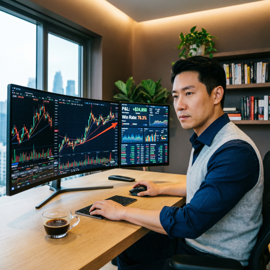 Professional funded trader working with multiple trading screens