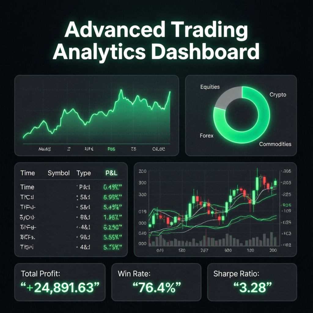 Advanced trading analytics dashboard showing profit metrics, win rate, and Sharpe ratio for funded account management