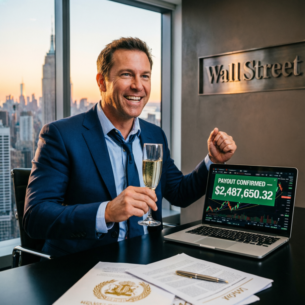 Professional trader celebrating successful Apex Trader Funding payout confirmation on laptop in Wall Street office