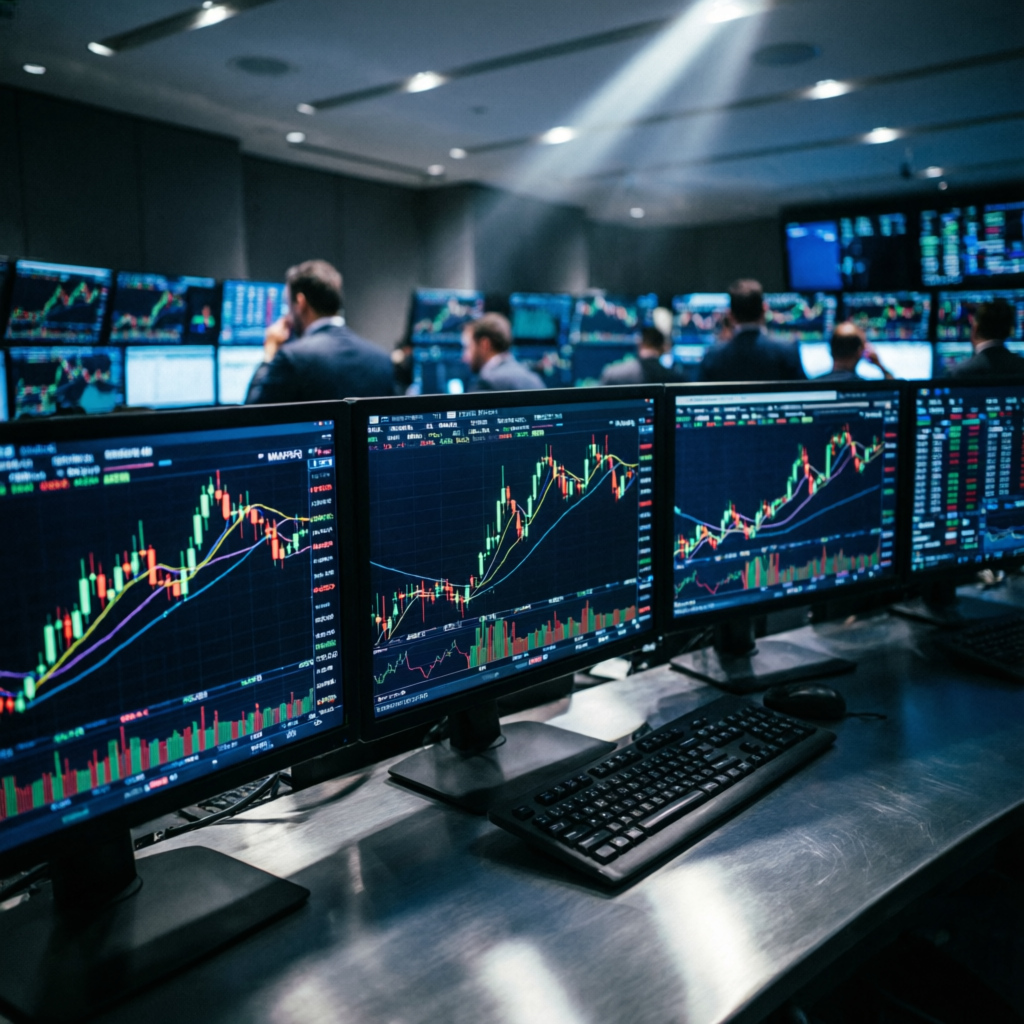 Professional trading floor with multiple monitors showing Apex Trader Funding futures charts and candlestick patterns