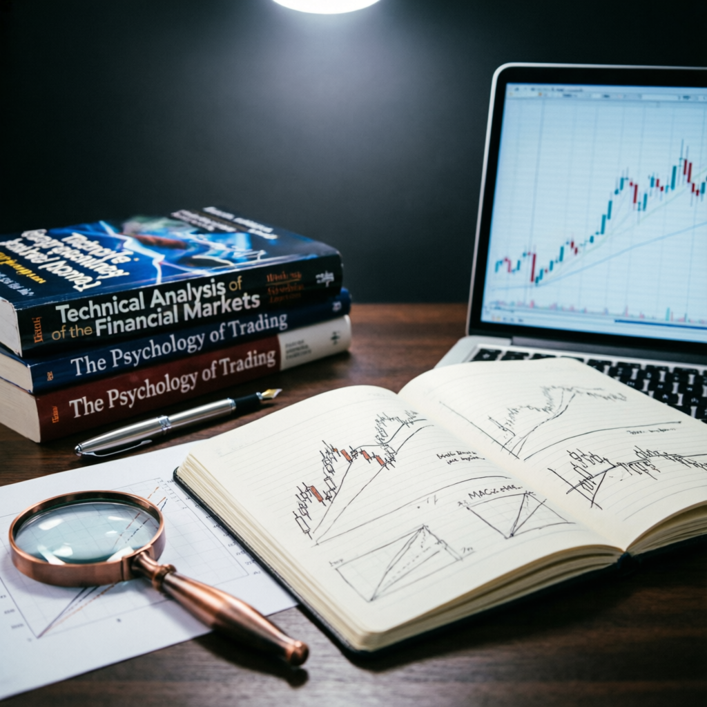 Trading education books on technical analysis and trading psychology with laptop showing chart analysis