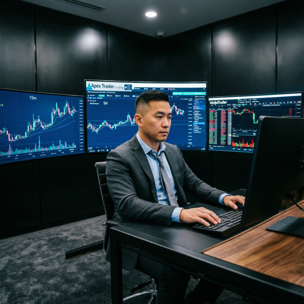 Professional forex trader using Apex Trader Funding platform with NinjaTrader and multiple chart displays