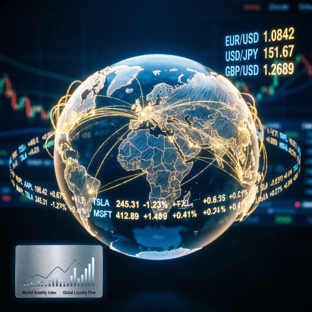 Global financial markets with forex pairs and futures tickers showing worldwide prop trading opportunities