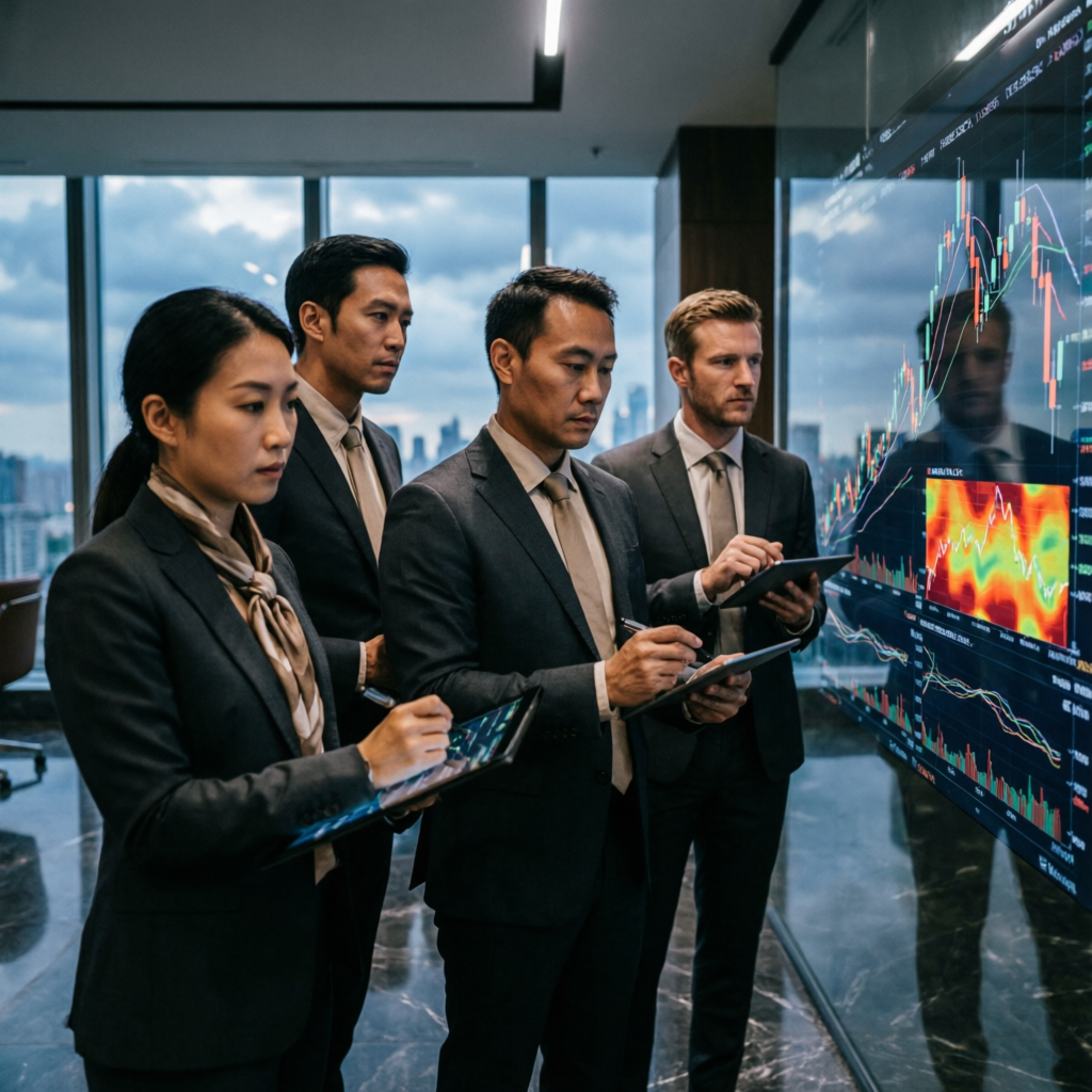 Professional team of financial analysts reviewing Apex Trader Funding trading strategies on large displays