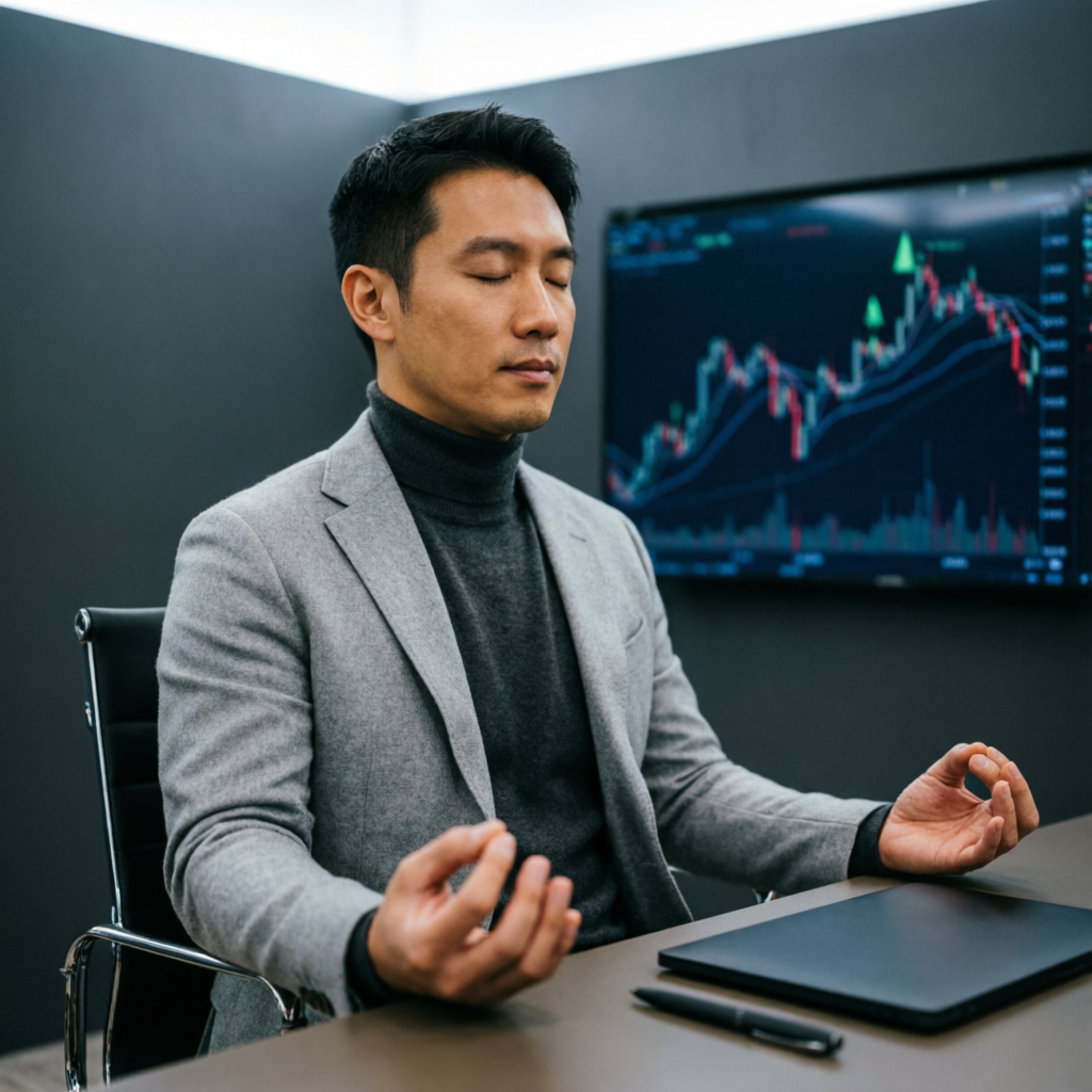 Professional forex trader practicing mindfulness and trading psychology before market open with trading charts on display