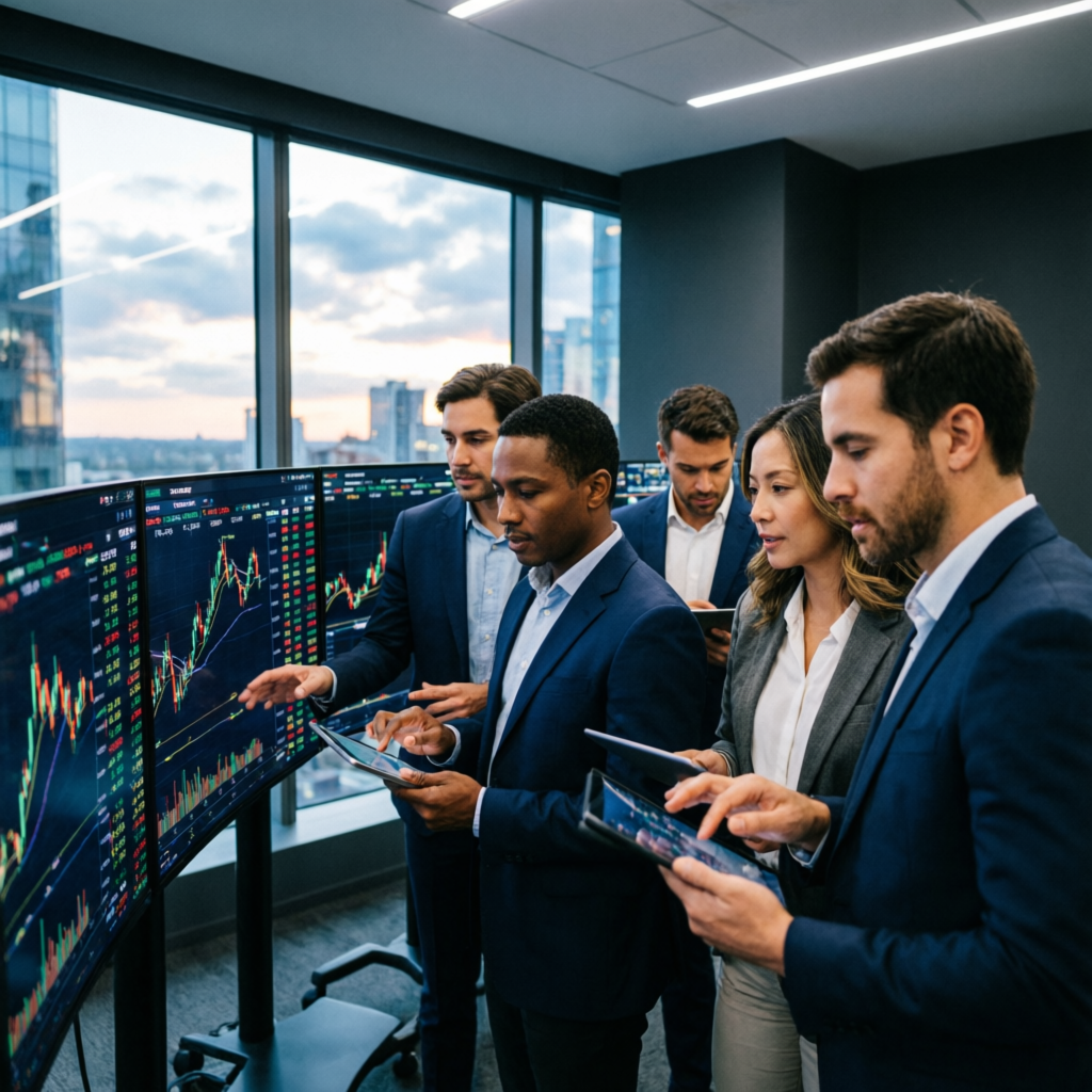 Professional trading team of financial experts analyzing forex markets on large screens in modern office environment