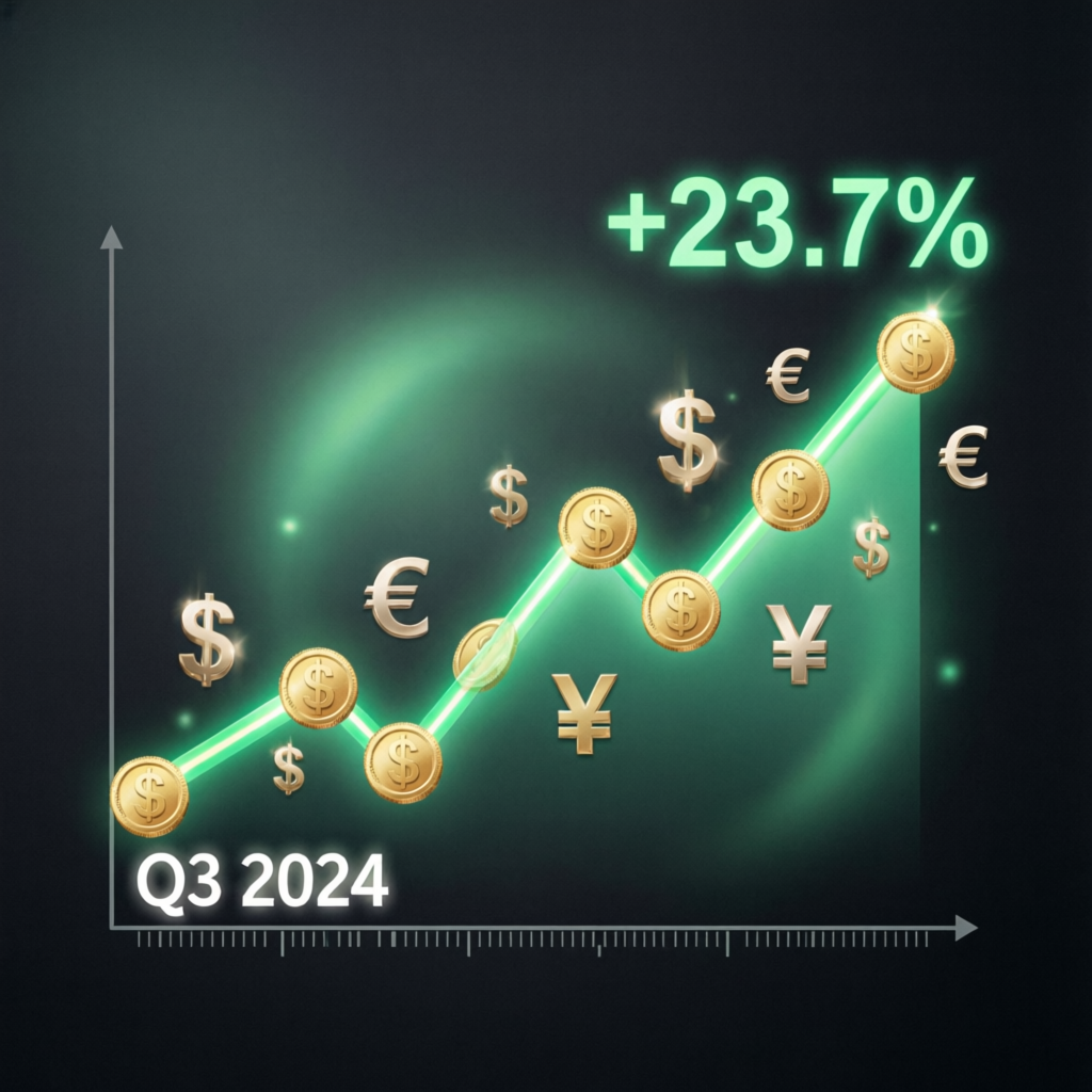 Financial growth chart showing profit increase of 23.7% with gold currency symbols and upward trending green line